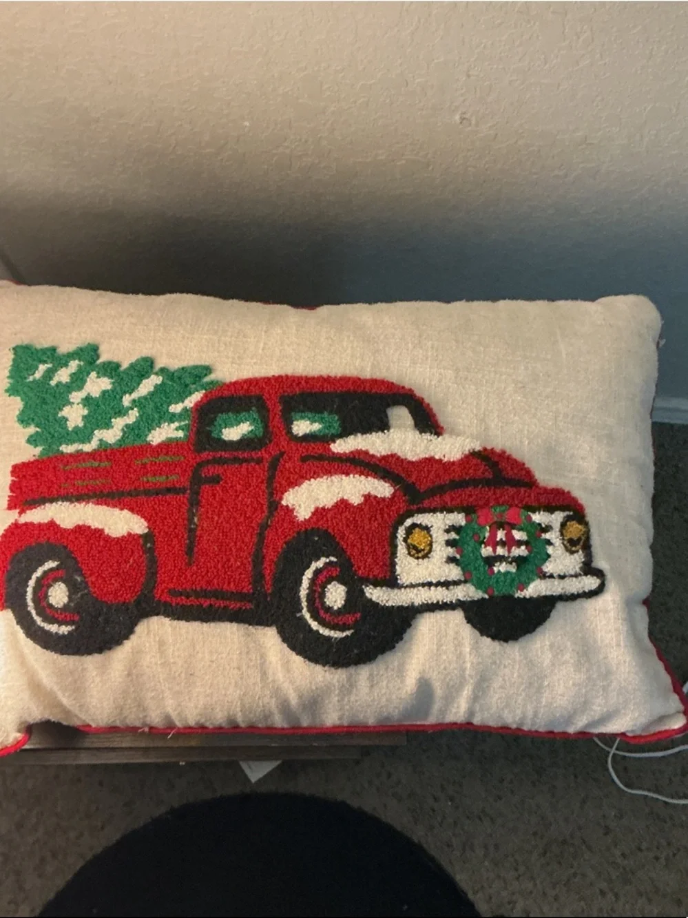 Red Vintage Truck Holiday Pillow with Green Wreath
